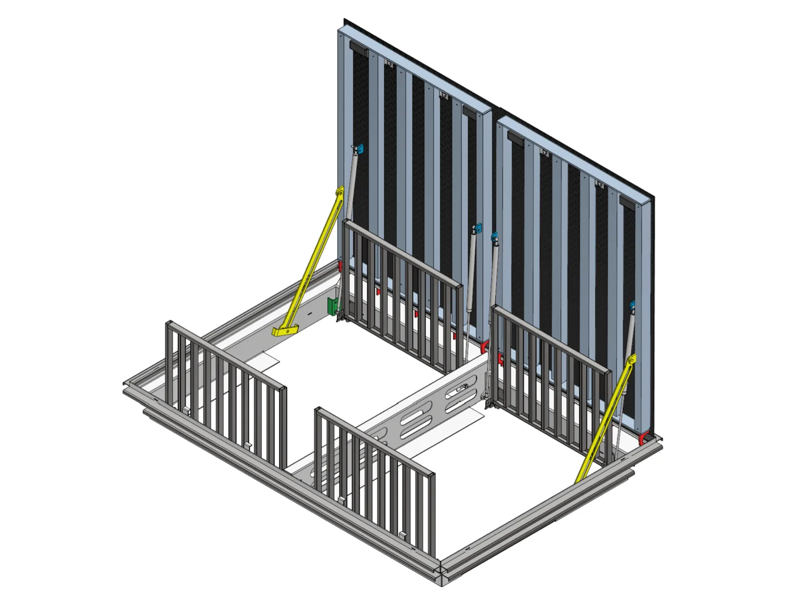 3D-illustration av en körbar dubbellucka med öppna lock, gasfjädrar och skyddsgaller