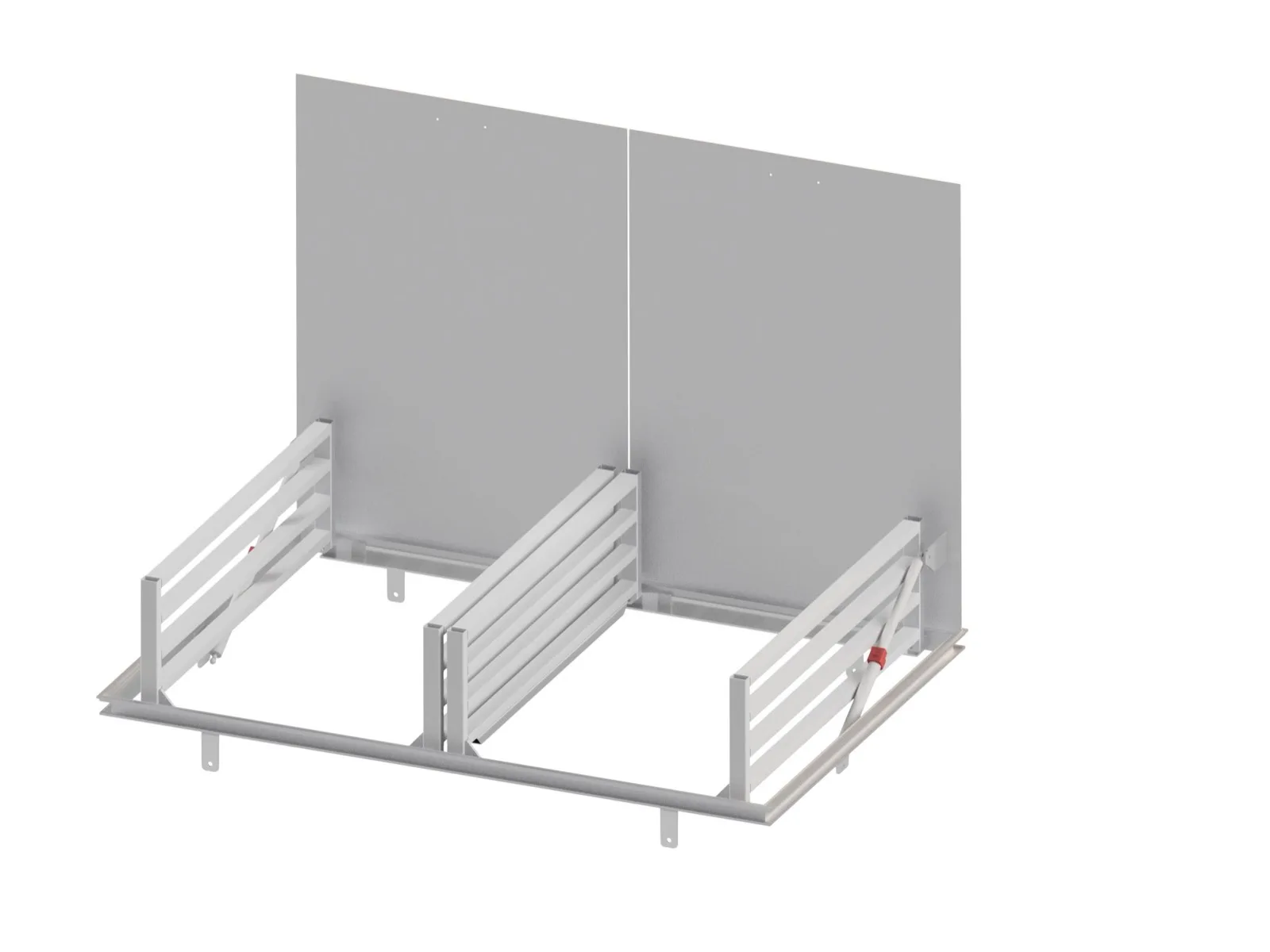 3D-illustration av en plan dubbellucka med öppna lock och uppfällda skyddsgaller
